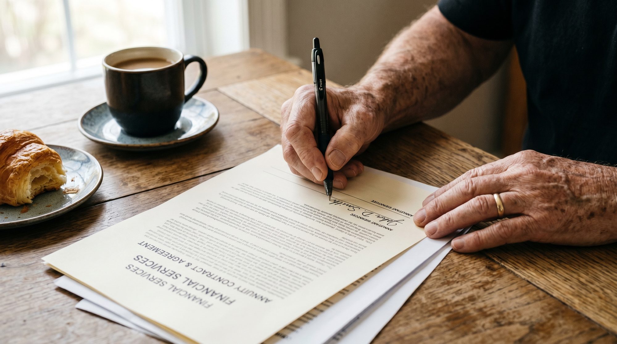 A retiree's hands signing a multi-year guaranteed annuity contract on a kitchen table