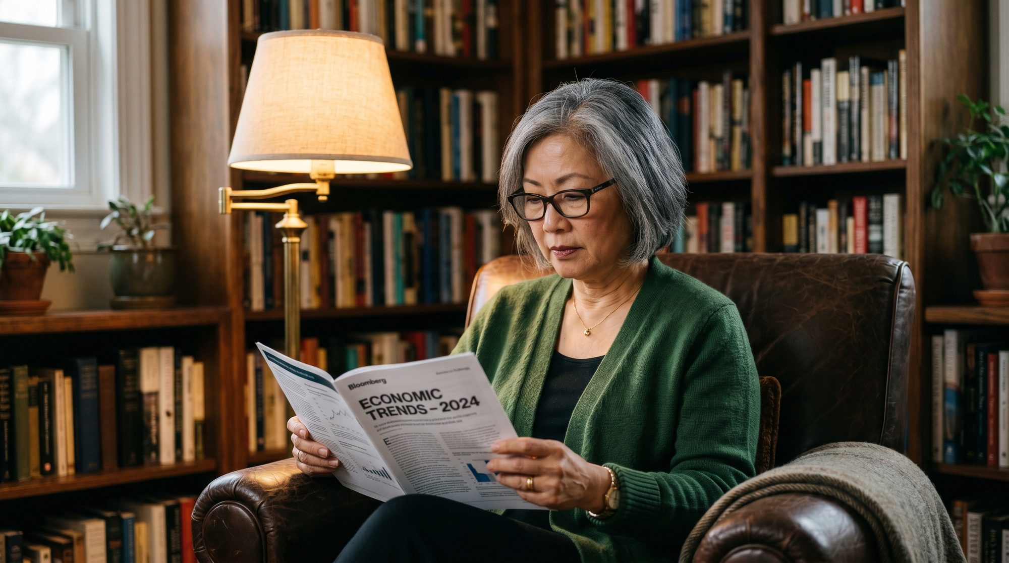 A 62-year-old woman in a home library studying a fixed indexed annuity contract