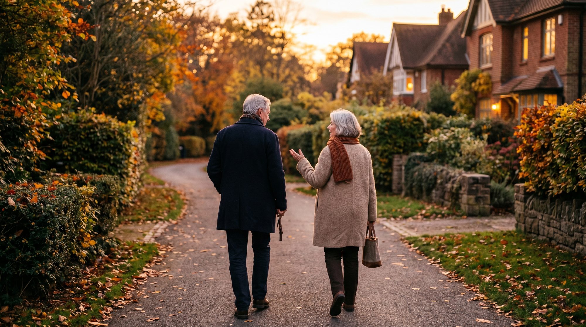 A late-60s couple walking together at golden hour in a quiet residential neighborhood
