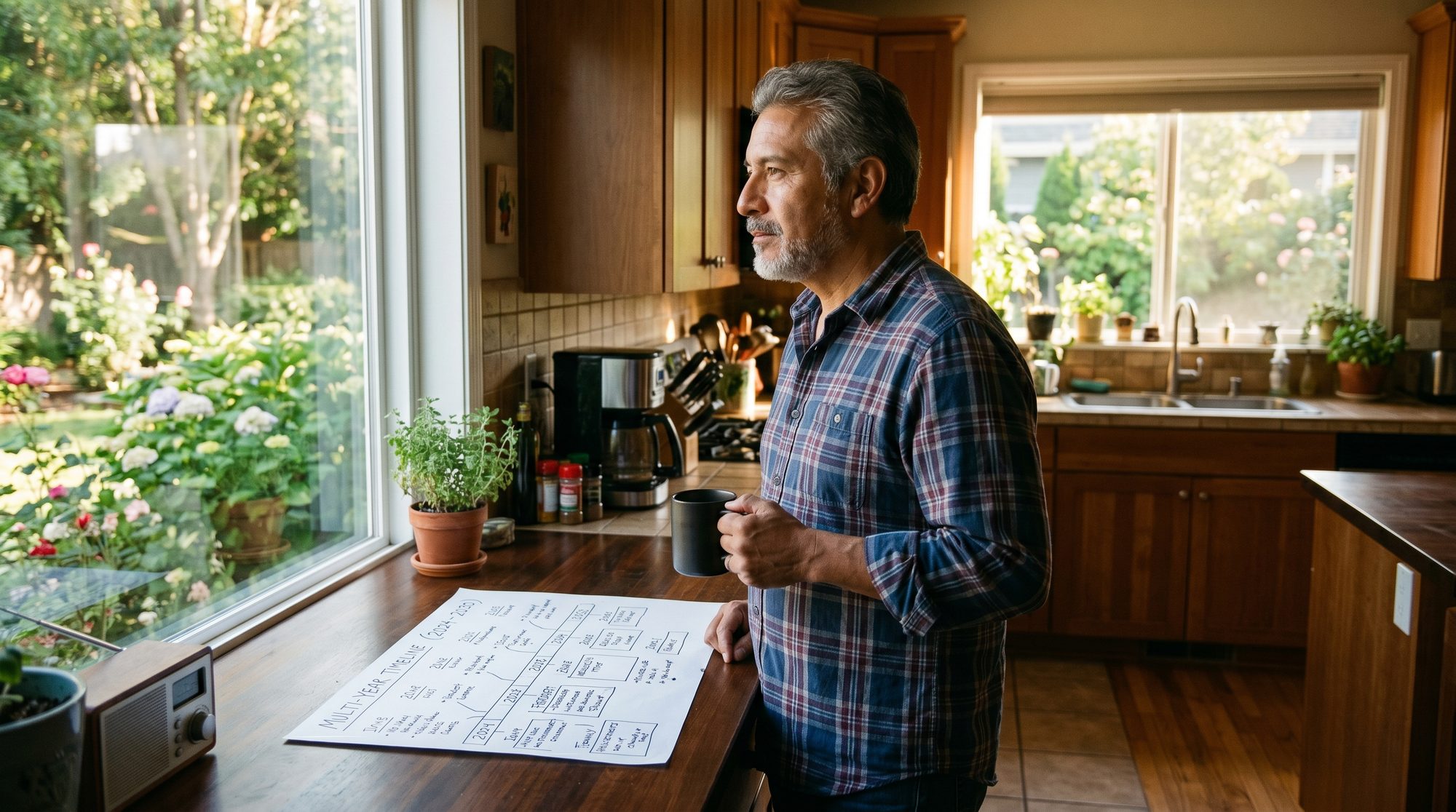 A man in his late 50s reviewing a multi-year retirement income timeline