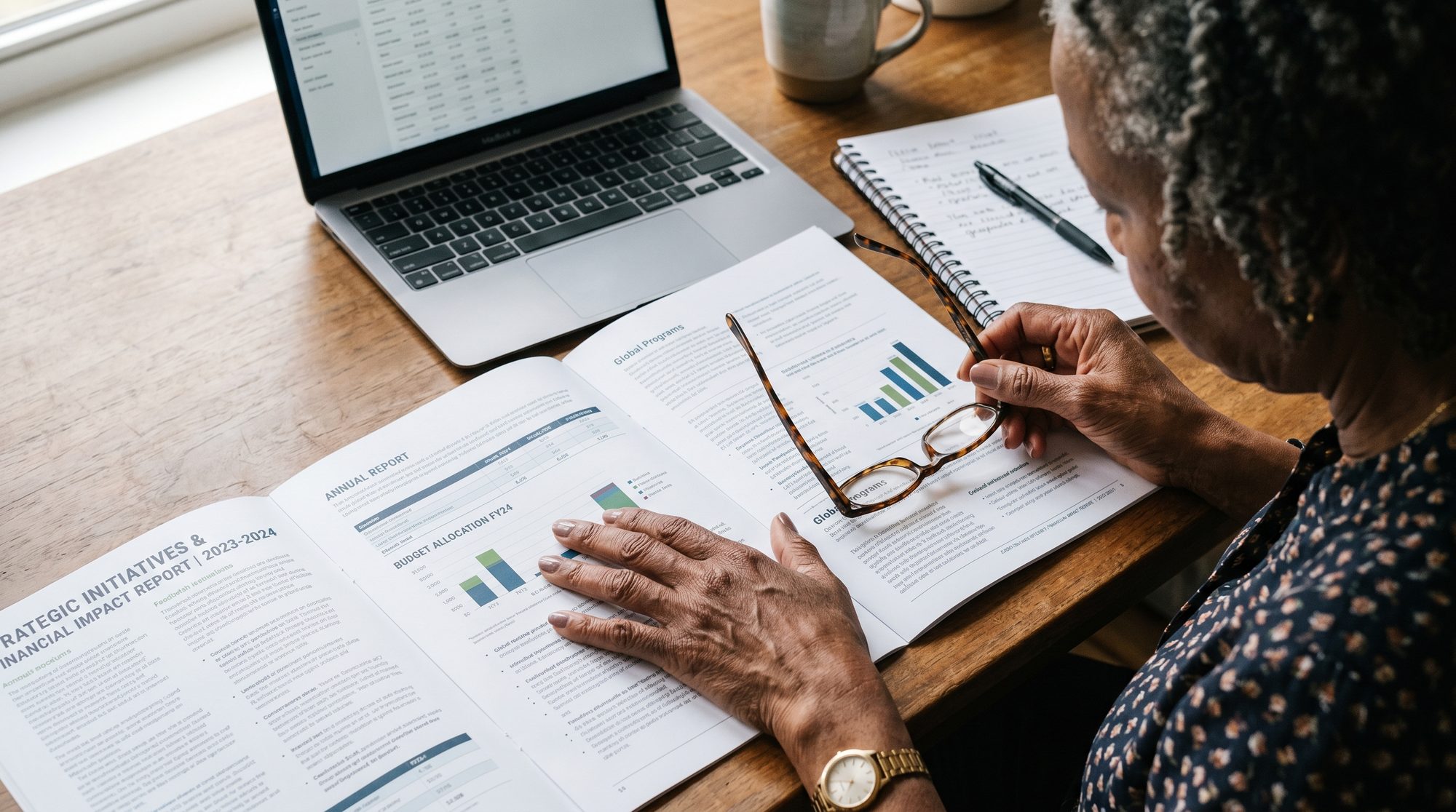 A 65-year-old reviewing a variable annuity prospectus on her desk