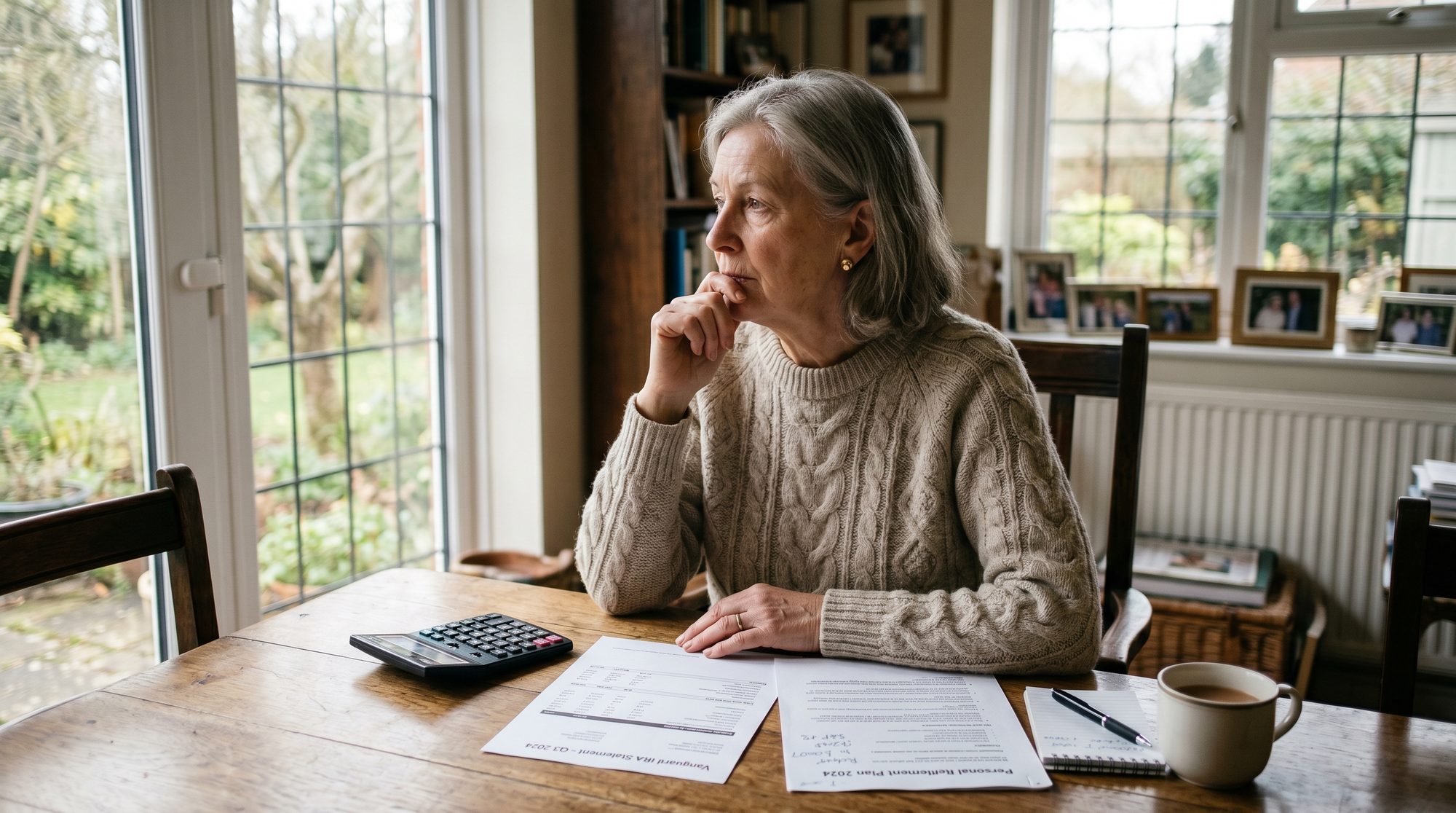 A 72-year-old woman reviewing an IRA statement and retirement plan in her dining room