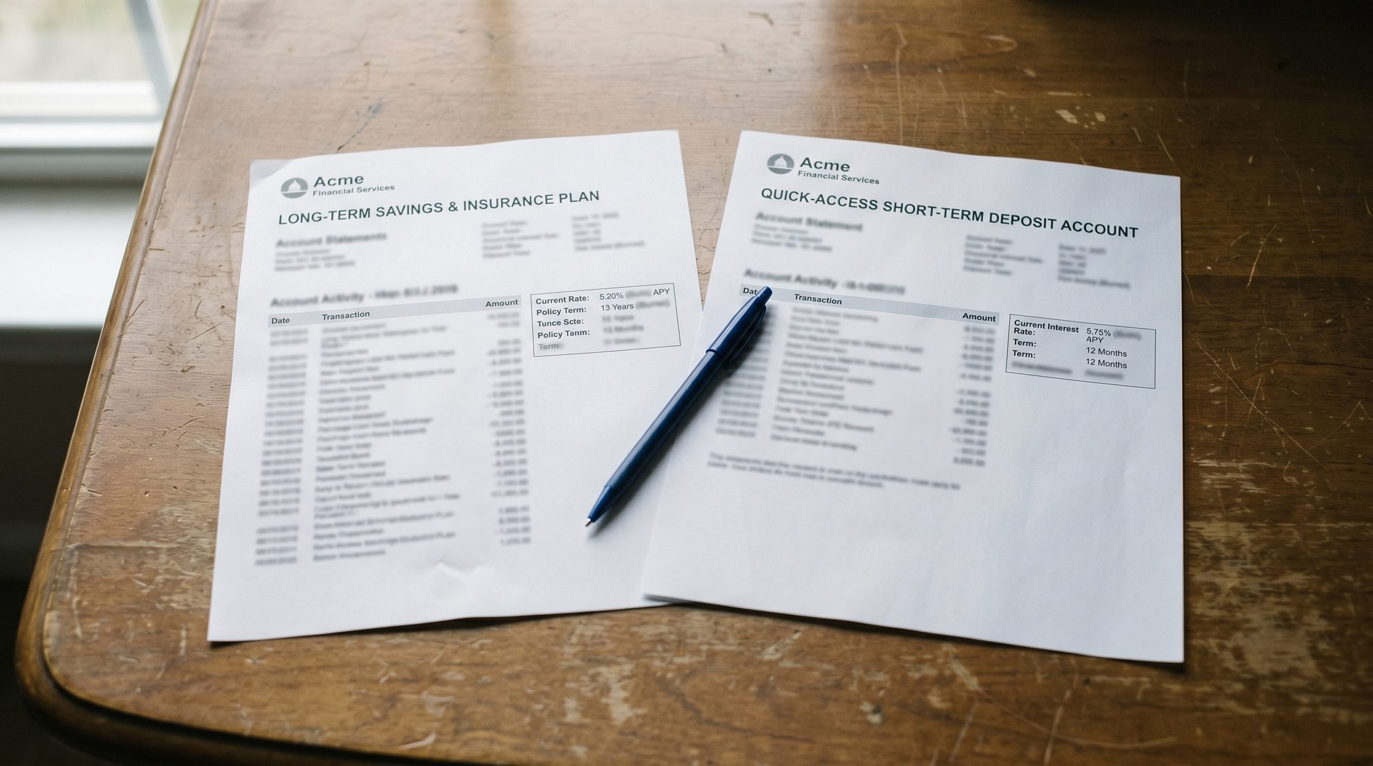 Two bank statements side by side on a wooden desk comparing annuity and CD rates