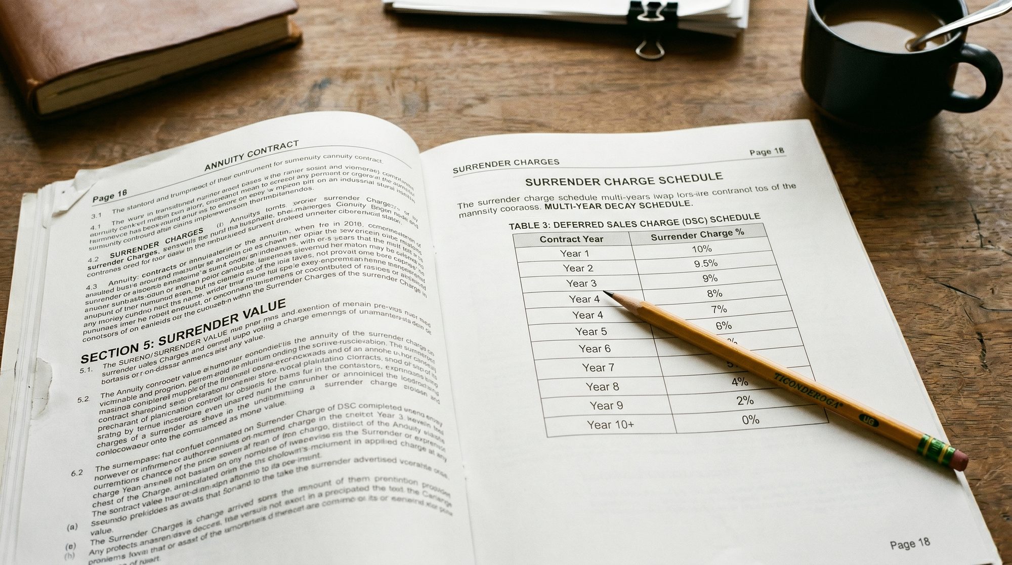 An annuity contract opened to a multi-year surrender schedule with a pencil resting on year 3