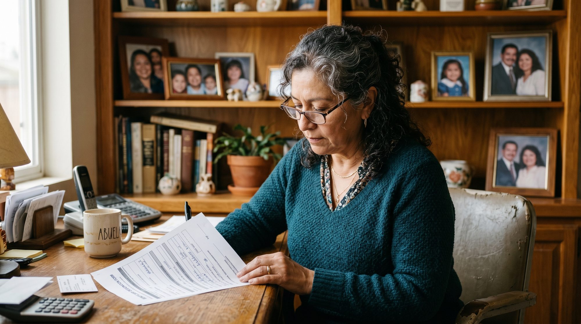 A 60-year-old woman at her desk reviewing a beneficiary designation form